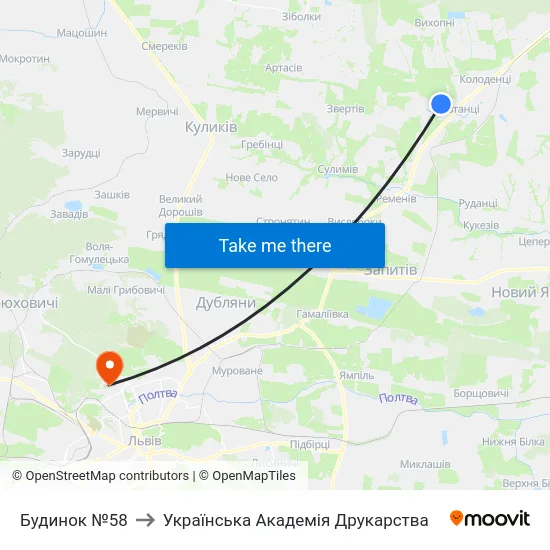 Будинок №58 to Українська Академія Друкарства map