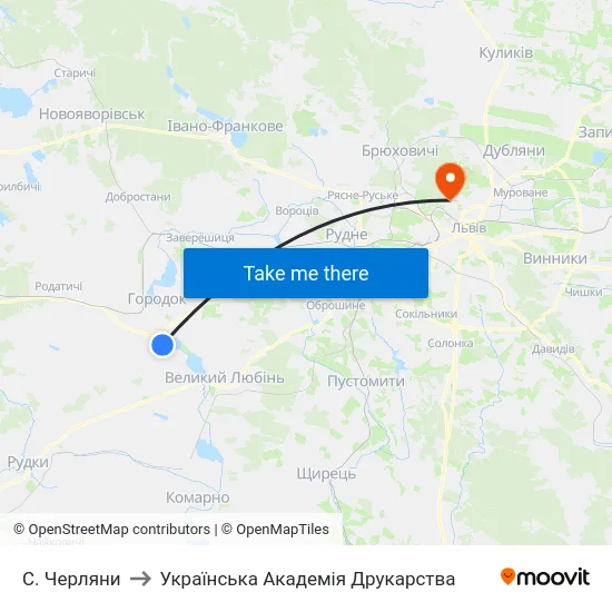 С. Черляни to Українська Академія Друкарства map