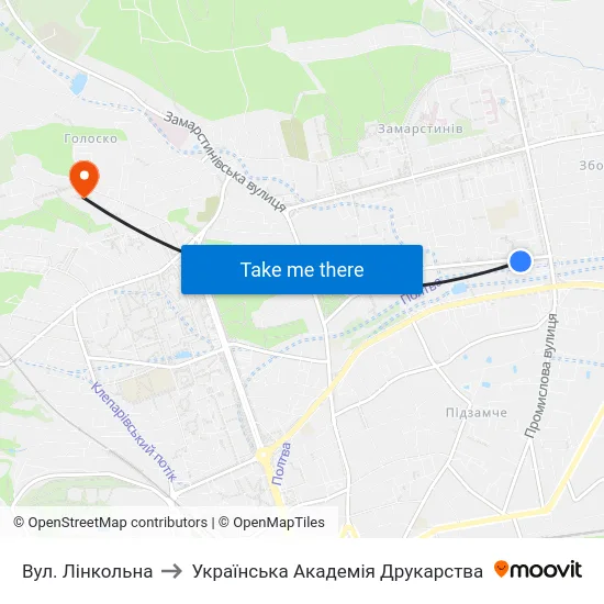 Вул. Лінкольна to Українська Академія Друкарства map