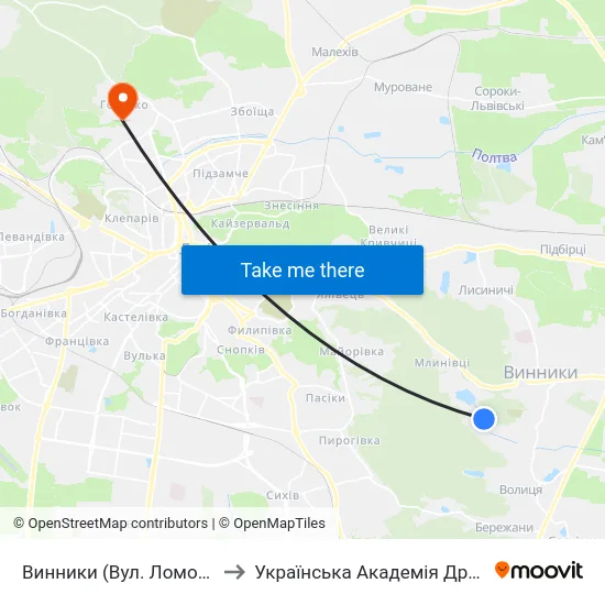 Винники (Вул. Ломоносова) to Українська Академія Друкарства map