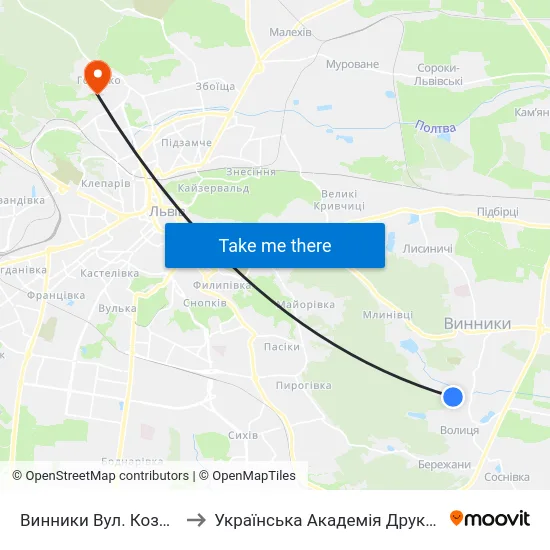 Винники Вул. Козацька to Українська Академія Друкарства map