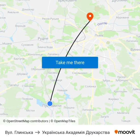 Вул. Глинська to Українська Академія Друкарства map
