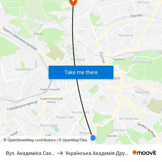 Вул. Академіка Сахарова to Українська Академія Друкарства map