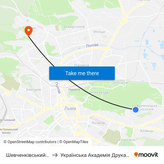 Шевченківський Гай to Українська Академія Друкарства map