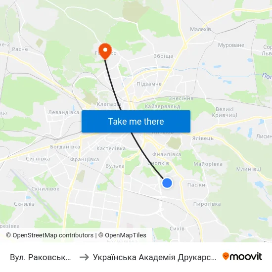 Вул. Раковського to Українська Академія Друкарства map