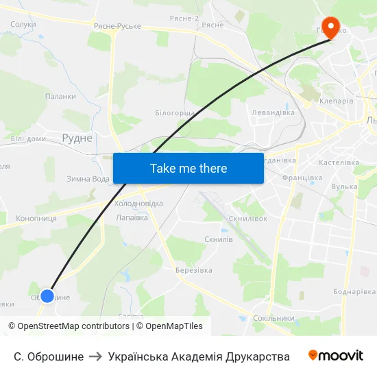 С. Оброшине to Українська Академія Друкарства map