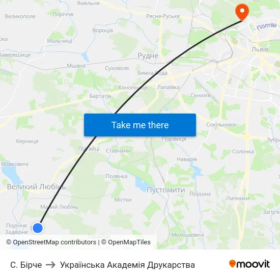 С. Бірче to Українська Академія Друкарства map