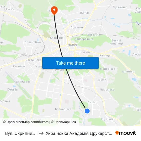 Вул. Скрипника to Українська Академія Друкарства map