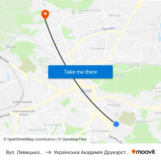 Вул. Левицького to Українська Академія Друкарства map