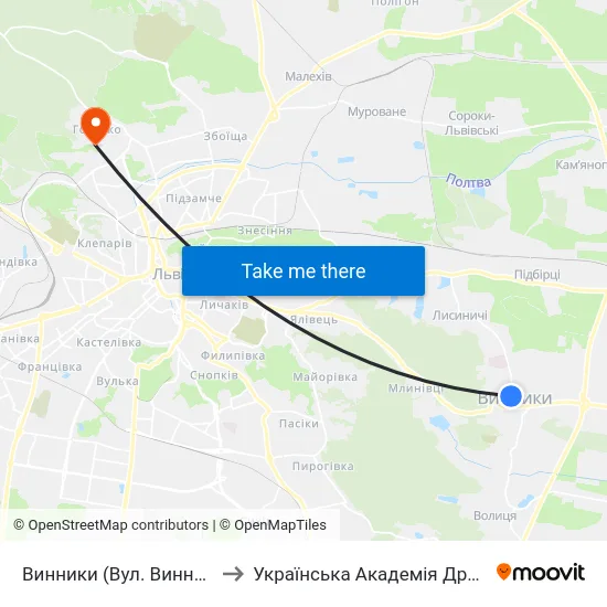 Винники (Вул. Винниченка) to Українська Академія Друкарства map