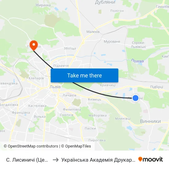 С. Лисиничі (Центр) to Українська Академія Друкарства map