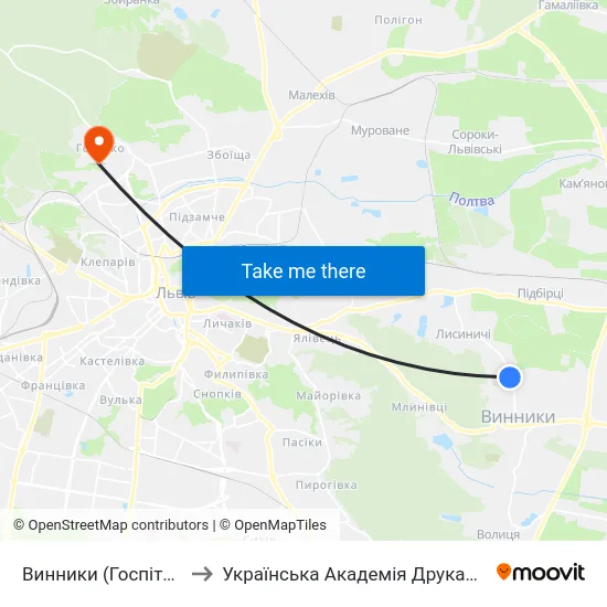 Винники (Госпіталь) to Українська Академія Друкарства map