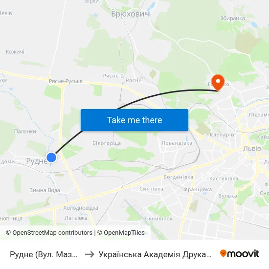 Рудне (Вул. Мазепи) to Українська Академія Друкарства map