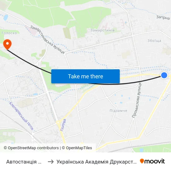 Автостанція №2 to Українська Академія Друкарства map