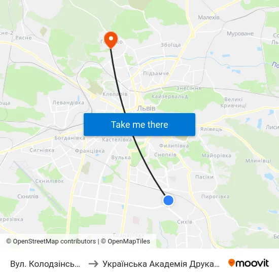 Вул. Колодзінського to Українська Академія Друкарства map