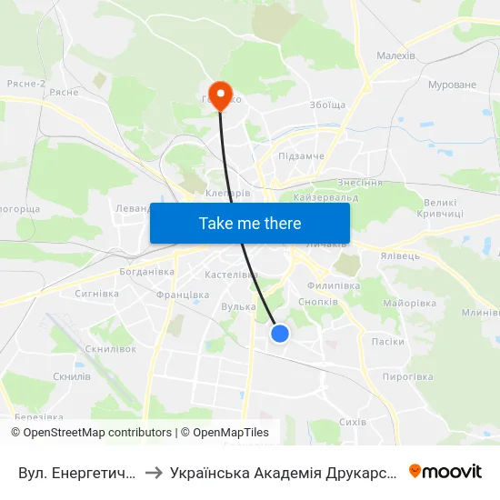 Вул. Енергетична to Українська Академія Друкарства map