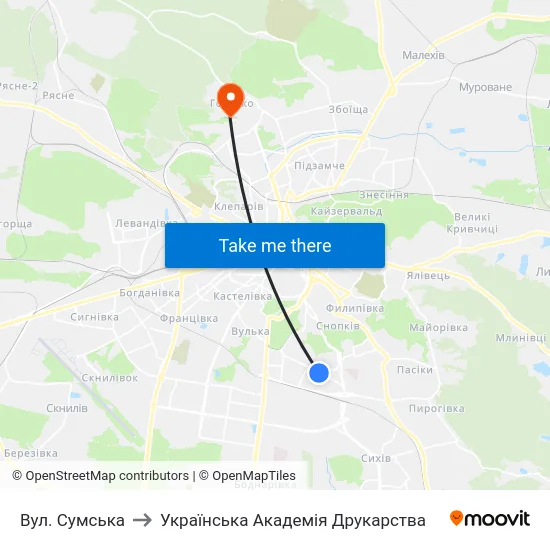 Вул. Сумська to Українська Академія Друкарства map