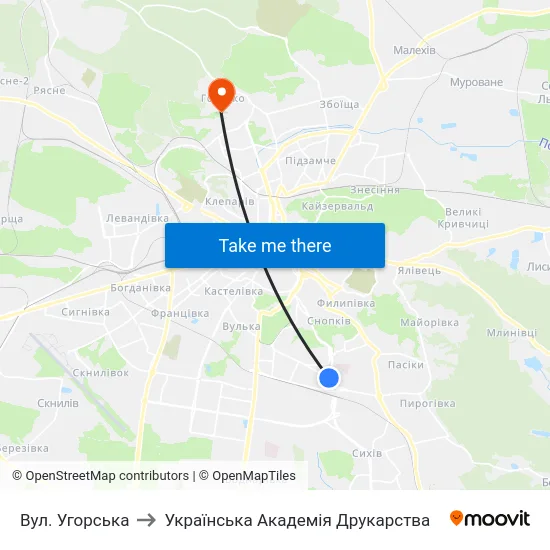 Вул. Угорська to Українська Академія Друкарства map