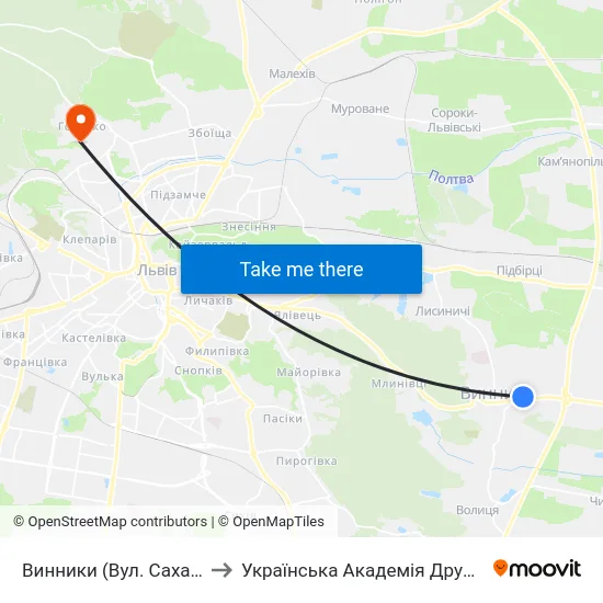 Винники (Вул. Сахарова) to Українська Академія Друкарства map