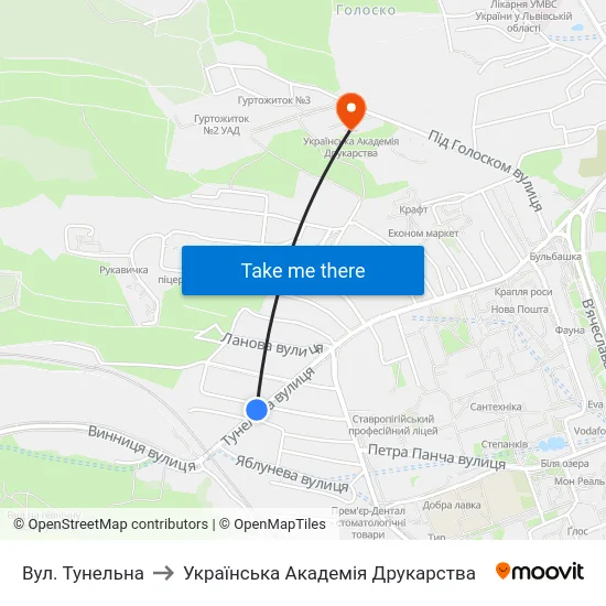 Вул. Тунельна to Українська Академія Друкарства map