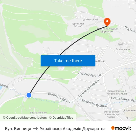 Вул. Винниця to Українська Академія Друкарства map