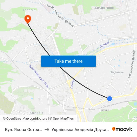 Вул. Якова Остряниці to Українська Академія Друкарства map