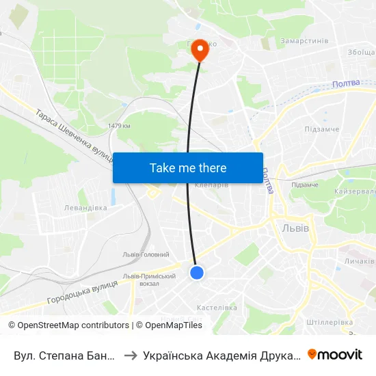 Вул. Степана Бандери to Українська Академія Друкарства map