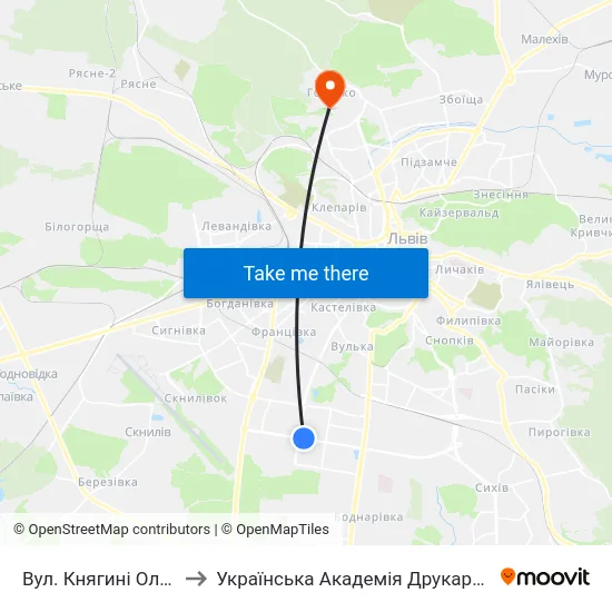 Вул. Княгині Ольги to Українська Академія Друкарства map