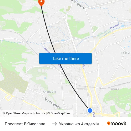 Проспект В'Ячеслава Чорновола to Українська Академія Друкарства map
