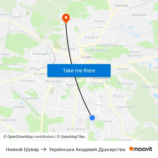 Нижній Шувар to Українська Академія Друкарства map