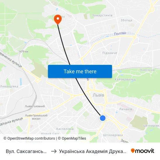 Вул. Саксаганського to Українська Академія Друкарства map