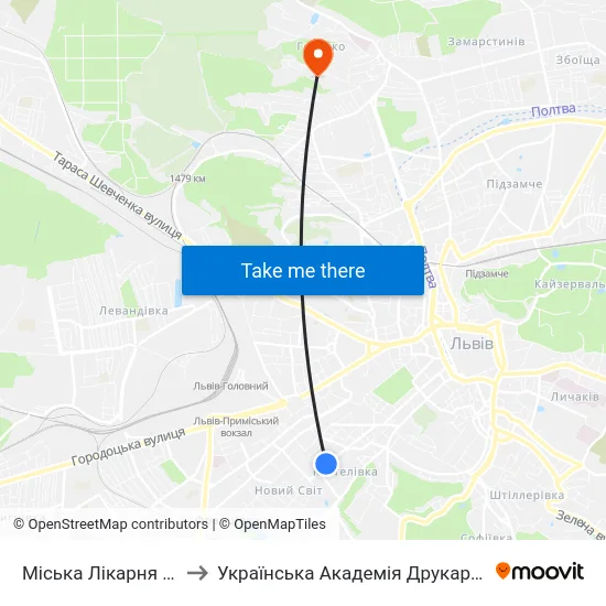 Міська Лікарня №5 to Українська Академія Друкарства map