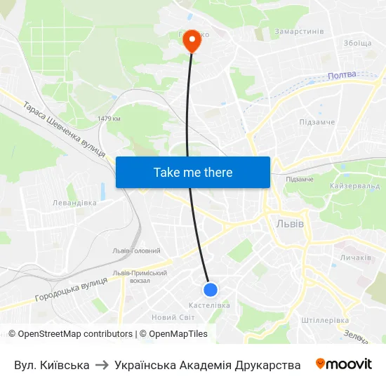 Вул. Київська to Українська Академія Друкарства map