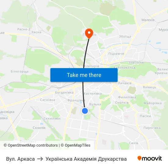 Вул. Аркаса to Українська Академія Друкарства map