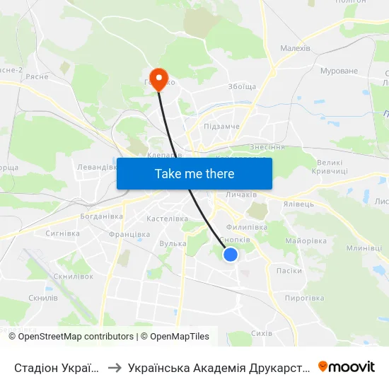 Стадіон Україна to Українська Академія Друкарства map