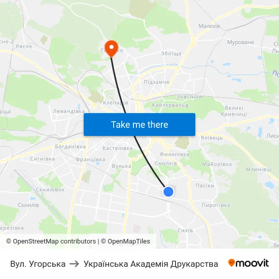 Вул. Угорська to Українська Академія Друкарства map