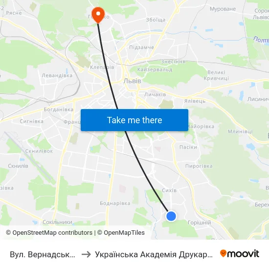 Вул. Вернадського to Українська Академія Друкарства map