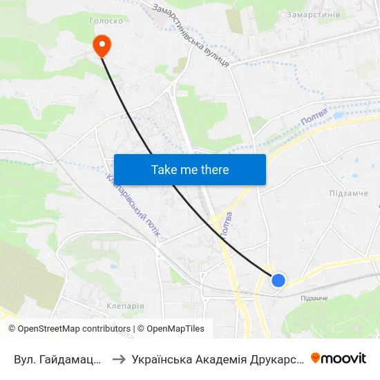 Вул. Гайдамацька to Українська Академія Друкарства map