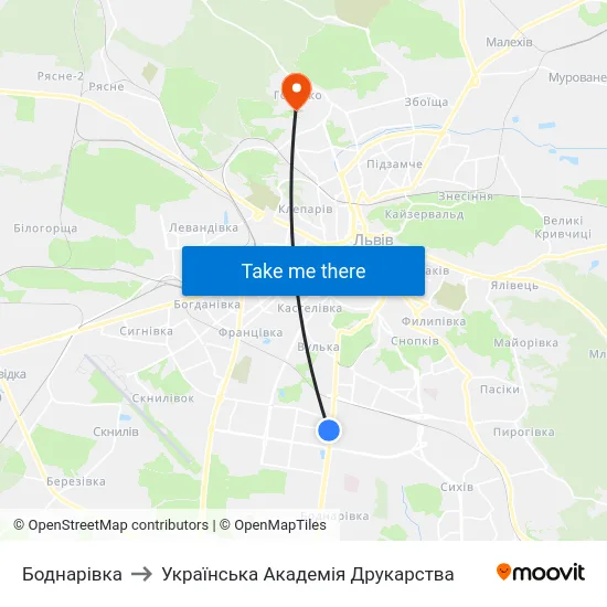 Боднарівка to Українська Академія Друкарства map