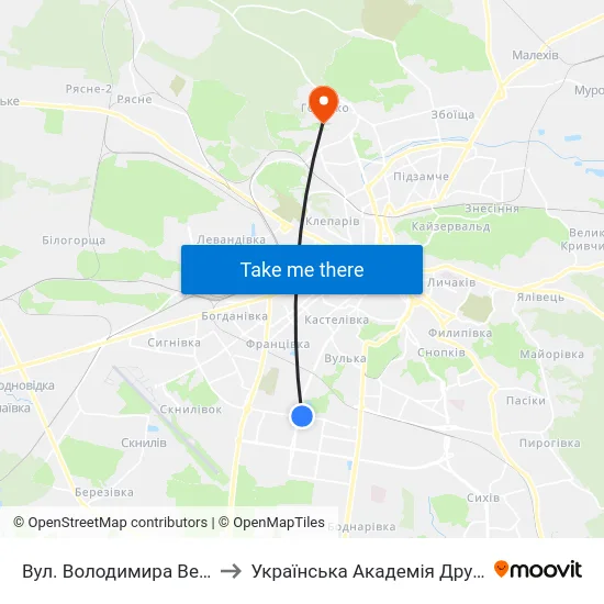 Вул. Володимира Великого to Українська Академія Друкарства map