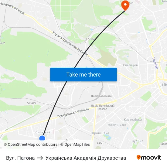 Вул. Патона to Українська Академія Друкарства map