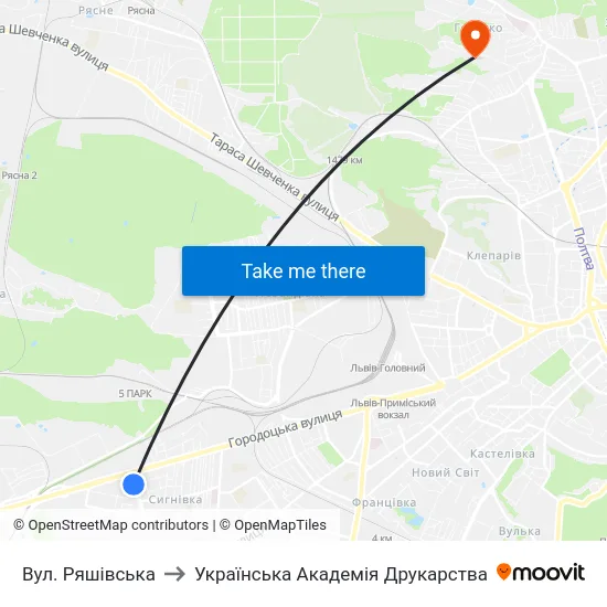 Вул. Ряшівська to Українська Академія Друкарства map