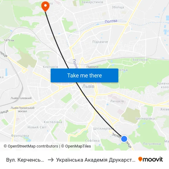 Вул. Керченська to Українська Академія Друкарства map