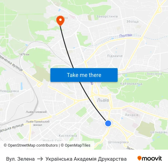 Вул. Зелена to Українська Академія Друкарства map