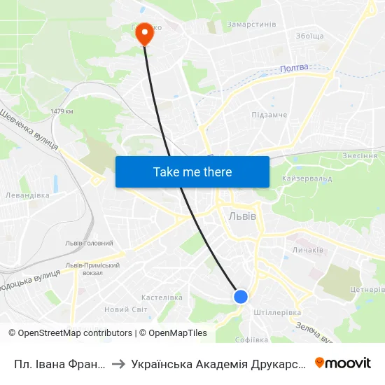 Пл. Івана Франка to Українська Академія Друкарства map