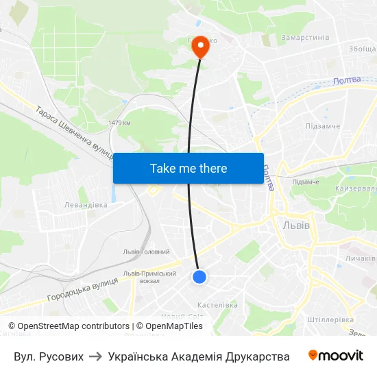 Вул. Русових to Українська Академія Друкарства map
