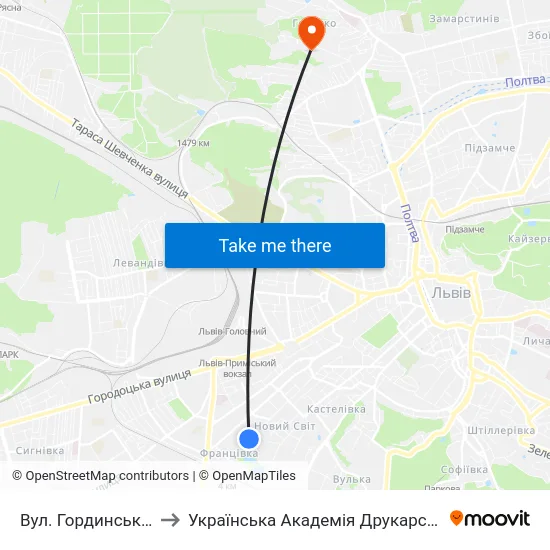 Вул. Гординських to Українська Академія Друкарства map