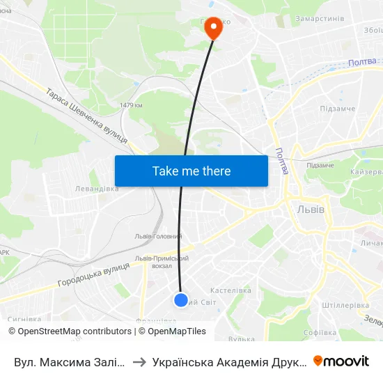 Вул. Максима Залізняка to Українська Академія Друкарства map