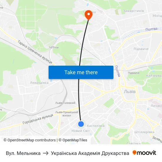 Вул. Мельника to Українська Академія Друкарства map