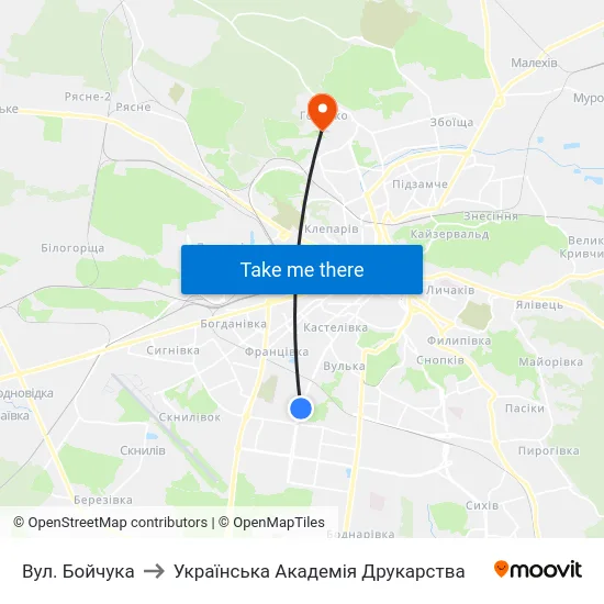 Вул. Бойчука to Українська Академія Друкарства map